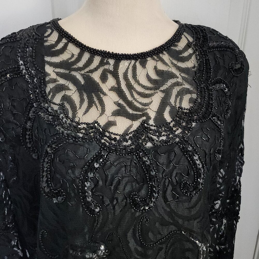 Gunit Black Beaded Lace Dress Long Sleeve Drop Waist Sz 1X Vintage Made in India